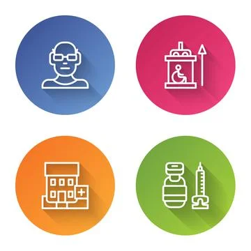 Set line Poor eyesight, Elevator for disabled, Medical hospital building and Ilustración de archivo