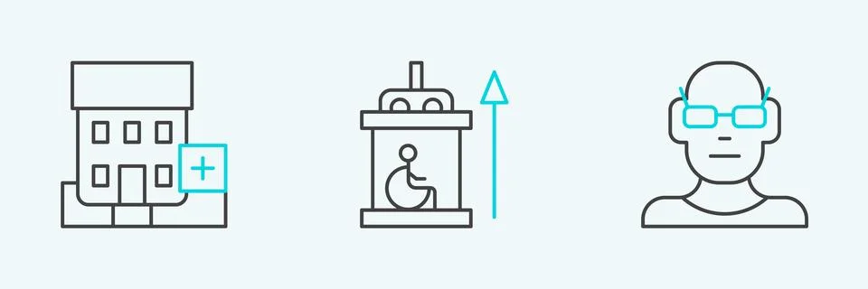 Set line Poor eyesight, Medical hospital building and Elevator for disabled icon Ilustración de archivo