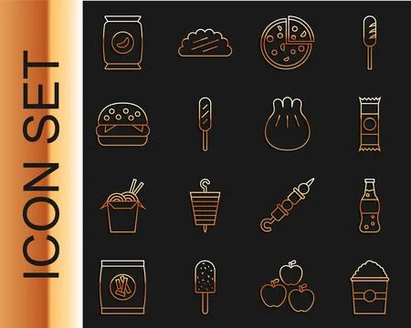 Set line Popcorn in box, Bottle of water, Chocolate bar, Pizza, Corn dog, B.. Stock Illustration