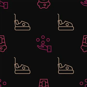 Set line Popcorn in box, Bumper car and Juggling ball on seamless pattern Ilustración de archivo