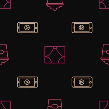 Set line Popcorn in box, Online play video and Curtain on seamless pattern Stock Illustration