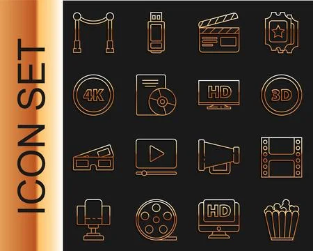 Set line Popcorn in box, Play Video, 3D word, Movie clapper, CD DVD disk, 4.. Stock Illustration