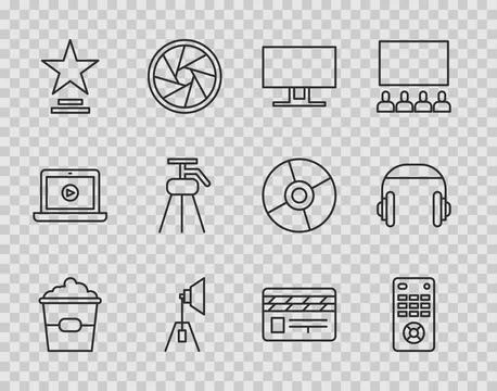 Set line Popcorn in box Remote control Smart Tv Movie spotlight trophy Tripod Stock Illustration