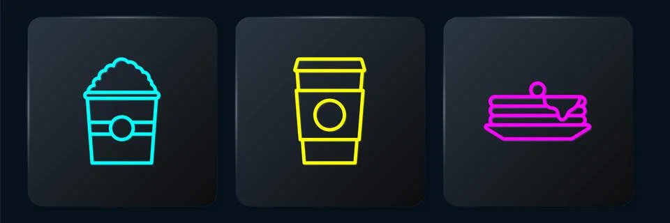 Set line Popcorn in box, Stack of pancakes and Coffee cup to go. Black square Stock Illustration
