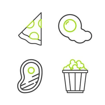 Set line Popcorn in box, Steak meat, Scrambled eggs and Slice of pizza icon.. Stock Illustration