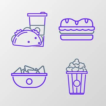Set line Popcorn in cardboard box, Nachos plate, Sandwich and Paper glass taco Stock Illustration