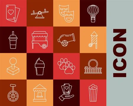 Set line Popcorn in cardboard box, Roller coaster, Firework rocket, Comedy Stock Illustration