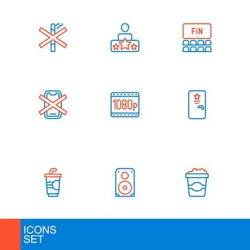 Set line Popcorn in cardboard box Stereo speaker Paper glass with water Backs Stock Illustration