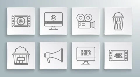 Set line Popcorn in cardboard box, Online play video, Megaphone, Computer P.. Stock Illustration