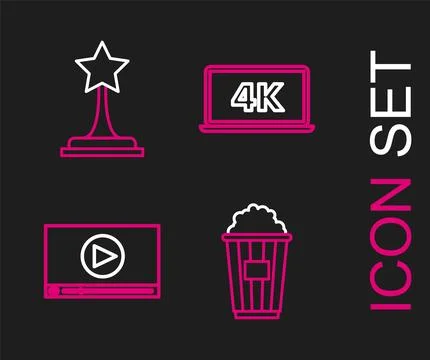 Set line Popcorn in cardboard box, Online play video, Laptop screen with 4k.. Stock Illustration