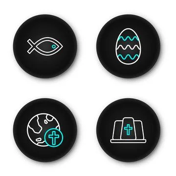 Set line Pope hat, Christian cross with globe, Easter egg and fish symbol i.. Stockillustratie
