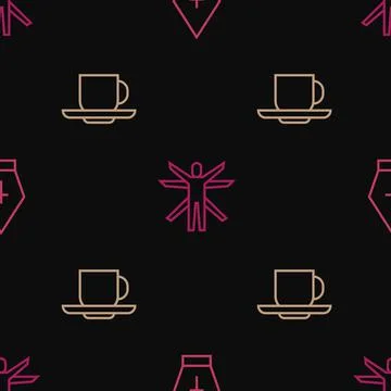 Set line Pope hat, Coffee cup and Vitruvian Man on seamless pattern. Vector Stock Illustration