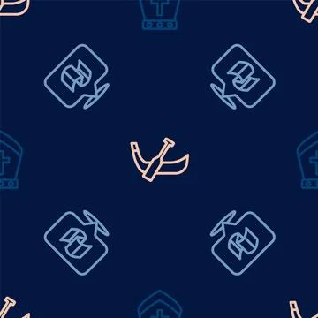 Set line Pope hat, Flag Italy and Gondola boat on seamless pattern. Vector Stock Illustration