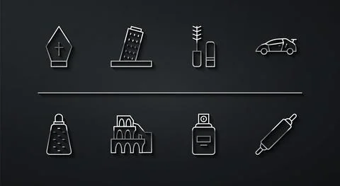 Set line Pope hat, Grater, Sport racing car, Perfume, Coliseum Rome, Tower Pisa Stock-Illustration