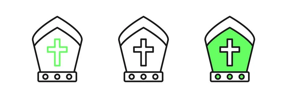 Set line Pope hat icon isolated on white background. Christian hat sign.  V.. Stock Illustration