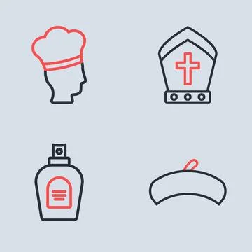 Set line Pope hat, Perfume, French beret and Italian cook icon. Vector Stock Illustration