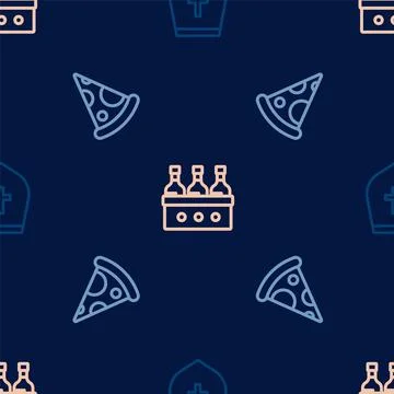 Set line Pope hat, Slice of pizza and Bottles wine on seamless pattern. Vector Stock Illustration