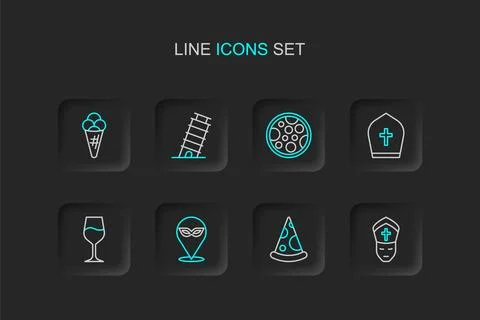 Set line Pope Slice of pizza Carnival mask Wine glass hat Pizza Leaning tower Ilustración de archivo