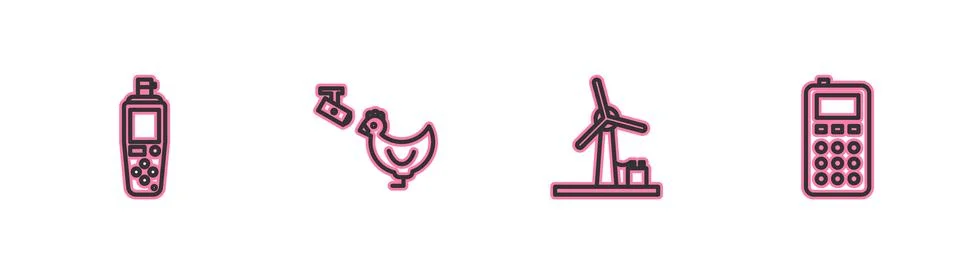 Set line Portable sensor, Wind turbine, Chicken farm and camera and Remote co Illustrazione stock
