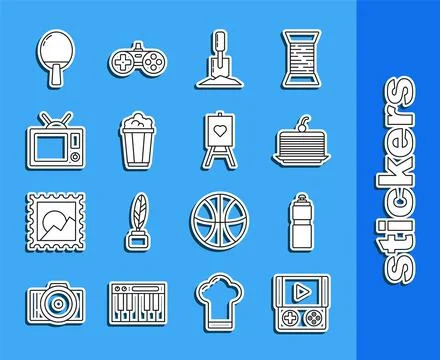 Set line Portable video game console, Fitness shaker, Cake, Shovel in the gro Stock Illustration