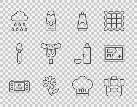Set line Portable video game console, Hiking backpack, Sauce bottle, Flower.. Ilustração Stock