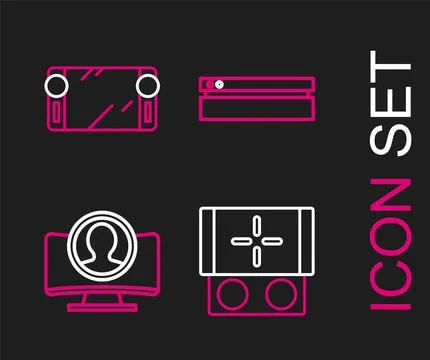 Set line Portable video game console, Create account screen, Video and  ico.. Stock Illustration