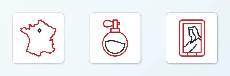 Set line Portrait in museum, Map of France and Perfume icon. Vector Ilustração Stock