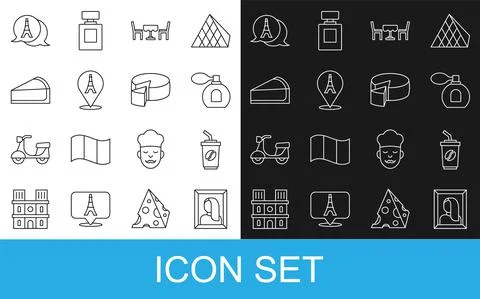 Set line Portrait picture in museum, Coffee cup to go, Perfume, French cafe Stock Illustration