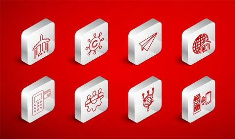 Set line POS terminal, Copywriting network, Paper plane, Globe with flying Stock Illustration