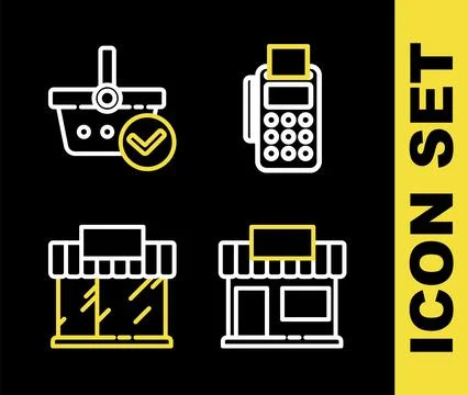 Set line POS terminal with credit card, Shopping building or market store, .. Ilustración de archivo