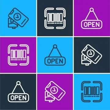 Set line POS terminal, Hanging sign with Open and Scanner scanning bar code icon Illustrazione stock