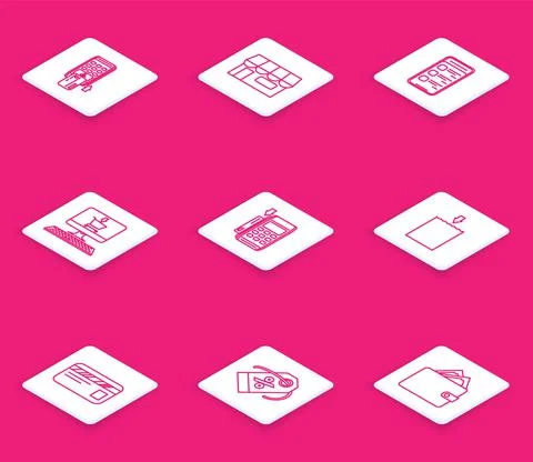 Set line Pos terminal with inserted credit card, Shopping building or market Ilustración de archivo