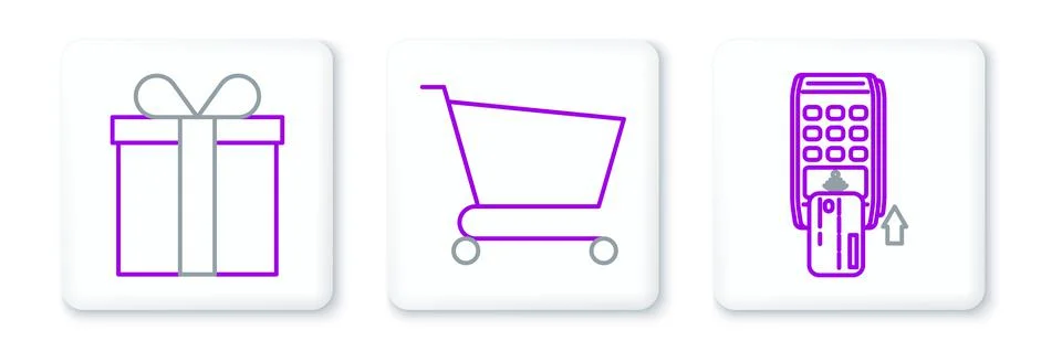 Set line Pos terminal with inserted credit card, Gift box and Shopping cart icon 스톡 일러스트
