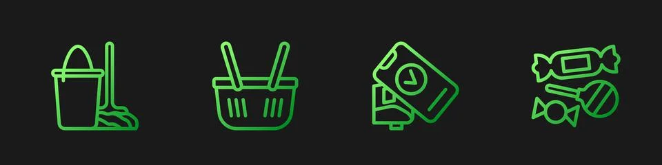 Set line POS terminal, Mop and bucket, Shopping basket and Candy. Gradient color Stock-Illustration