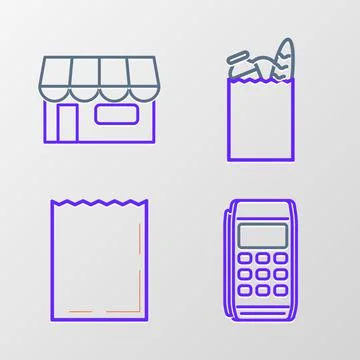 Set line Pos terminal, Paper shopping bag, and food and Shopping building or  Ilustración de archivo