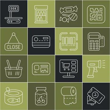Set line POS terminal, Scanner scanning bar code, with credit card, Candy Stock-Illustration