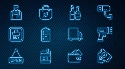 Set line POS terminal, Scanner scanning bar code, Whiskey bottle, Shopping .. Illustrazione stock