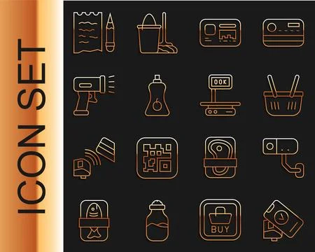Set line POS terminal, Security camera, Shopping basket, Identification bad.. Illustrazione stock