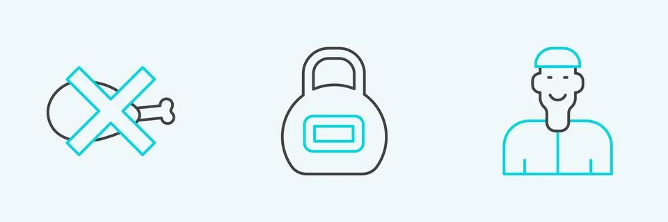 Set line Positive thinking, No meat and Kettlebell icon. Vector Stock Illustration