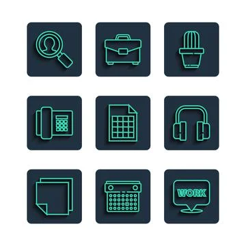 Set line Post note stickers, Calendar, Location with text work, Cactus and Stock Illustration