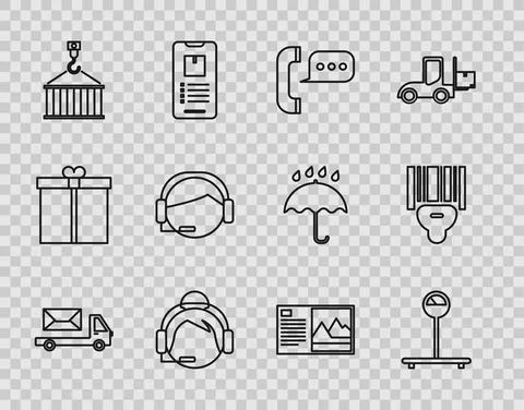 Set line Post truck, Scale, Telephone with speech bubble chat, Support operator Stock Illustration