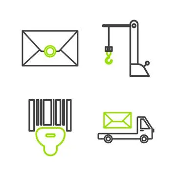 Set line Post truck, Scanner scanning bar code, Harbor port crane and Envelope Stock-Illustration