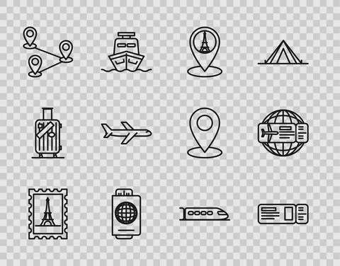 Set line Postal stamp and Eiffel tower, Travel ticket, Map pointer with 스톡 일러스트