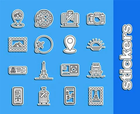Set line Postal stamp and Eiffel tower, Ship, Sunset, Suitcase for travel Stock Illustration