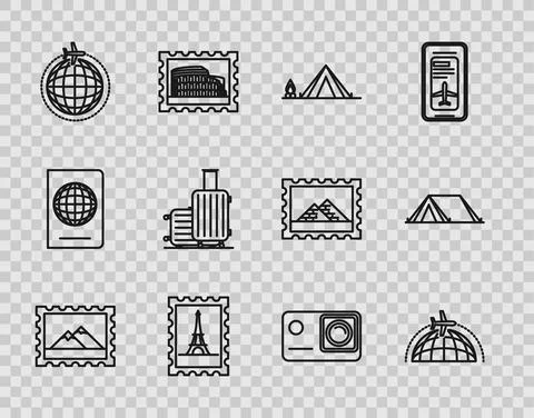 Set line Postal stamp and Mountains, Globe with flying plane, Tourist tent wood 스톡 일러스트