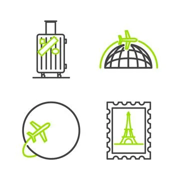 Set line Postal stamp and Eiffel tower, Globe with flying plane, and Suitcase Stock Illustration