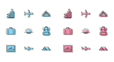 Set line Postal stamp and Mountains, Plane, Suitcase for travel, Tourist tent Illustration