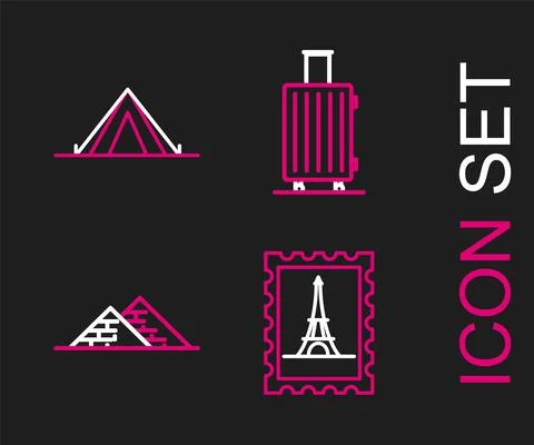 Set line Postal stamp and Eiffel tower, Egypt pyramids, Suitcase for travel and Stock Illustration