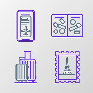 Set line Postal stamp and Eiffel tower, Suitcase for travel, Passport pages with Stock Illustration