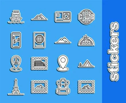Set line Postal stamp and Egypt pyramids, Globe flying plane, Action extreme Stock Illustration